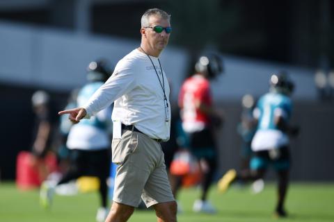 Jacksonville Jaguars head coach Urban Meyer directs players during the first day of training camp on Wednesday at the team's practice fields outside TIAA Bank Field in Jacksonville. (BOB SELF/The Florida Times-Union/TNS)