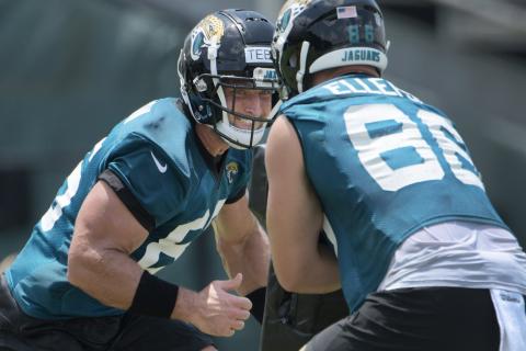 Jacksonville Jaguars tight end Tim Tebow (85) prepares to make contact with Ben Ellefson (86) during an OTA session on May 27. (BOB SELF/Florida Times-Union/TNS)