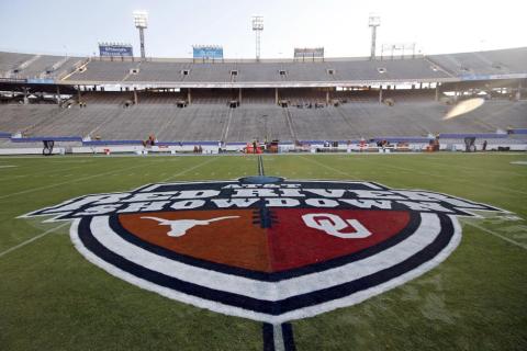 The Red River Showdown logo is displayed on the field of the Cotton Bowl, prior to a game between Texas and Oklahoma on Oct. 10, 2020, in Dallas. (AP FILE)