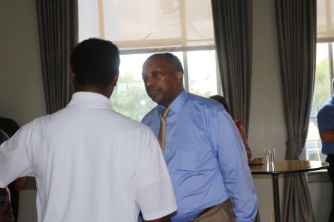 Jeffrey Hunt, a candidate for the Lake City-Columbia County Chamber of Commerce executive director, listens during a meet-and-greet Thursday. (JAMIE WACHTER/Lake City Reporter)