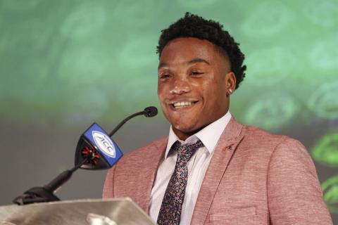 Miami quarterback D'Eriq King answers a question during ACC Kickoff media days on Wednesday in Charlotte, N.C. (NEIL REDMOND/Associated Press)