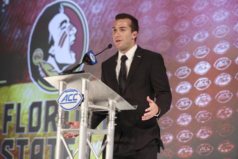 Florida State quarterback McKenzie Milton answers a question during ACC Kickoff media days on Thursday in Charlotte, N.C. (NELL REDMOND/Associated Press)