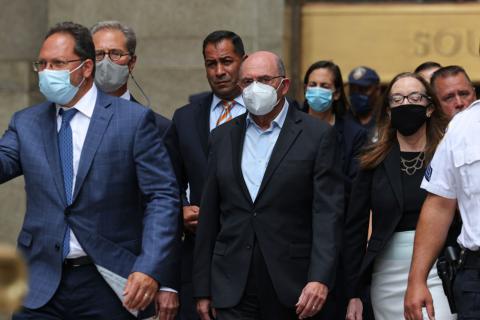 Allen Weisselberg (middle), Trump Organization CFO, leaves Manhattan Criminal Court after his arraignment in State Supreme Court on July 1, 2021 in Lower Manhattan in New York City. (MICHAEL M. SANTIAGO/Getty Images/TNS)