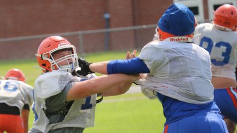 Branford offensive lineman John Coker blocks during practice on Friday. (JAMIE WACHTER/Lake City Reporter)