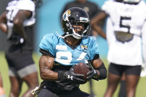 Jacksonville Jaguars wide receiver Tavon Austin runs after a reception during practice on Saturday in  Jacksonville. (JOHN RAOUX/Associated Press)