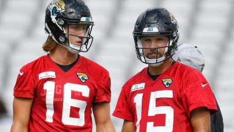 Jacksonville Jaguars quarterbacks Trevor Lawrence (16) and Gardner Minshew II (15) are pictured during Sunday's scrimmage session at TIAA Bank Field in Jacksonville. (BOB SELF/Florida Times-Union/TNS)