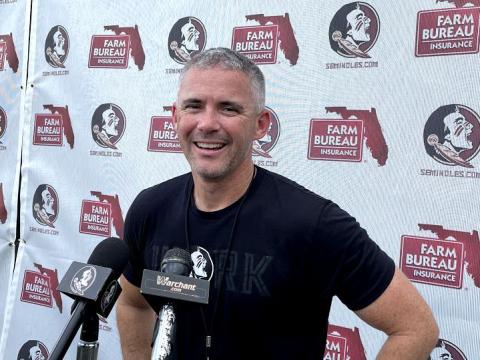 Florida State head coach Mike Norvell speaks to reporters in August. (MATT MURSCHEL/TNS)