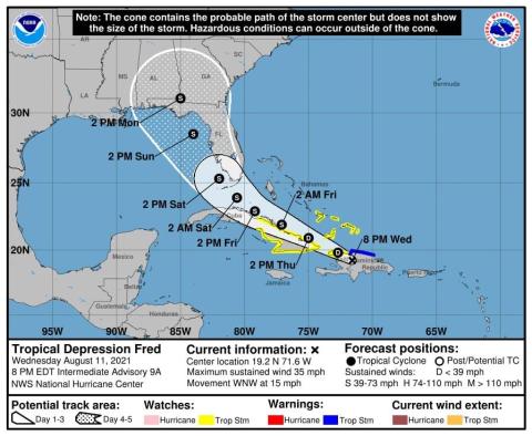 Current projected path for Tropical Storm Fred. (NOAA)