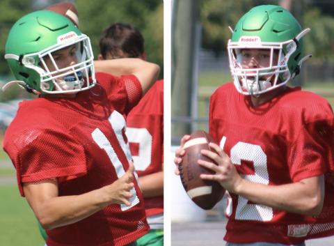 Suwannee quarterbacks Bronsen Tillotson (left) and Kodi Lang (right) drop back to pass during practice on Monday. (JAMIE WACHTER/Lake City Reporter)
