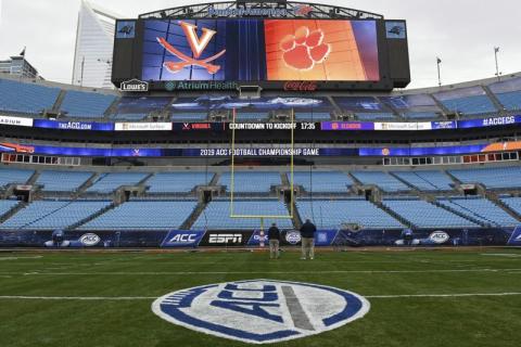 The ACC Championship logo is displayed on the field before kickoff at Bank of America Stadium on Dec. 6, 2019, in Charlotte, N.C. The Atlantic Coast Conference announced an updated covid-19 rescheduling policy on Thursday that means teams unable to play scheduled games because of pandemic-related protocols on its roster will be forced to forfeit. The policy will affect teams in football, field hockey, men’s and women’s soccer and volleyball. (AP FILE)