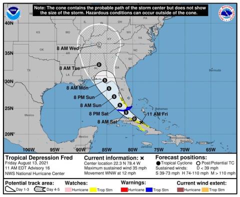 Current forecast cone for Tropical Depression Fred. (NOAA)