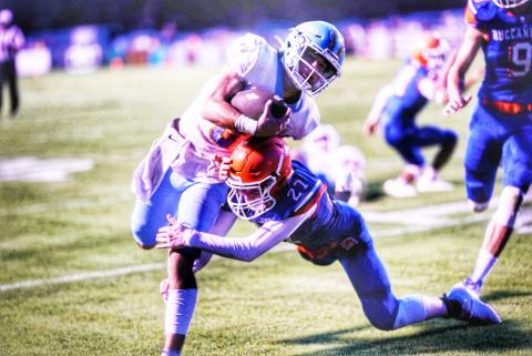Branford defensive back Brice Criggall (27) lays out for a tackle against Chiefland during the teams’ Preseason Classic on Aug. 20. (BRIAN LEWIS/Special to the Reporter)