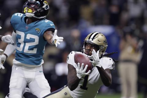 New Orleans Saints wide receiver Marquez Callaway (1) pulls in a touchdown reception against Jacksonville Jaguars cornerback Tyson Campbell (32) on Monday in New Orleans. (BRETT DUKE/Associated Press)