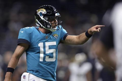 Jacksonville Jaguars quarterback Gardner Minshew (15) reacts in the second half of a preseason game against the New Orleans Saints on Aug. 23 in New Orleans. (BRETT DUKE/Associated Press)