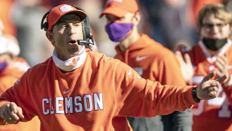 Clemson head coach Dabo Swinney talks with players during the second half of a game against Boston College on Oct. 31, 2020, in Clemson, S.C. Swinney, the coach of No. 3 Clemson faces No. 5 Georgia in the season-opener in Charlotte, N.C. (AP FILE)