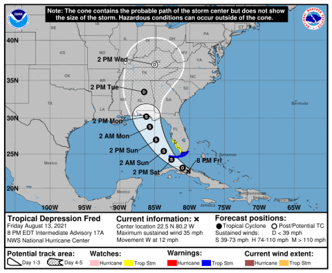 A Friday evening update from the National Oceanic and Atmospheric Administration shows Tropical Depression Fred’s center making landfall near the Florida panhandle on Monday. (COURTESY/NOAA)