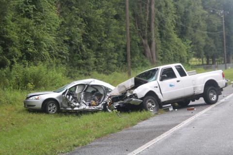 A pickup truck and a sedan collided around 3:42 p.m. on Monday afternoon on State Road 47, causing the death of a 65-year-old High Springs woman. (TONY BRITT/Lake City Reporter)