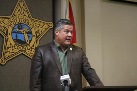 Columbia County Sheriff Mark Hunter speaks to the media at Monday’s press conference. (JAMIE WACHTER/Lake City Reporter)