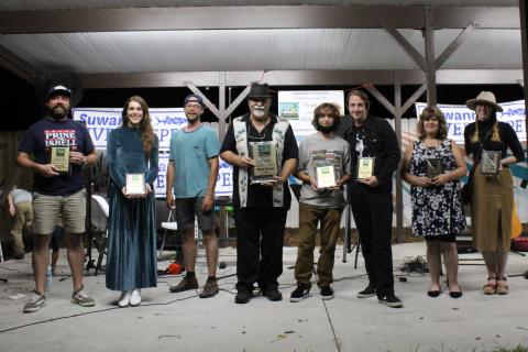 Finalists that competed in the fourth annual Suwannee Riverkeeper Songwriting contest included O’Brien’s KJ Wingate (from left), Katherine Ball, David Rodock, Sweet William Billy Ennis, Jimi Davies and his brother, Kathy Lou Gilman and Rachel Hillman. Not pictured are Brandon Fox and Lake City’s Rachel Grubb, who could not attend. (ANGELA DUNCAN/Courtesy of WWALS)