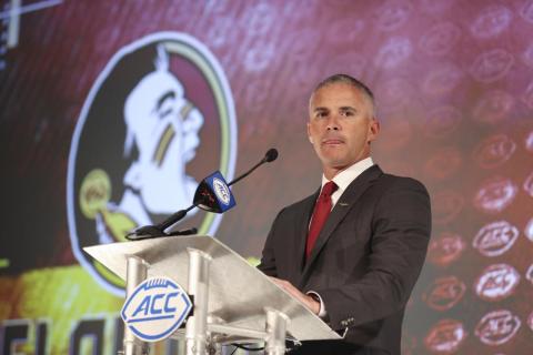 Florida State head coach Mike Norvell listens to a question during ACC media days on July 22 in Charlotte, N.C. (AP FILE)