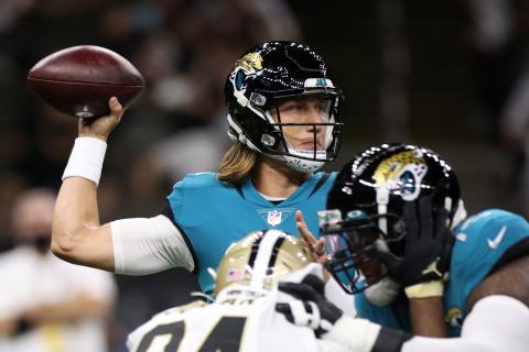 Jacksonville Jaguars quarterback Trevor Lawrence (16) looks to throw a pass against the New Orleans Saints during their preseason game at the Caesars Superdome on Aug. 23 in New Orleans, La. (CHRIS GRAYTHEN/Getty Images/TNS)