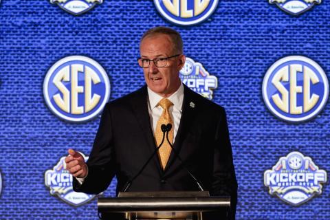 SEC Commissioner Greg Sankey speaks to reporters during SEC Media Days on July 19 in Hoover, Ala. (AP FILE)