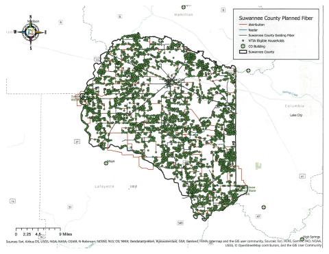 A map of the proposed fiber upgrade for Suwannee County, which would connect 8,877 households. (COURTESY)