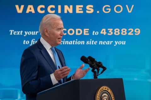 U.S. President Joe Biden delivers remarks on the covid-19 response and the vaccination program at the South Court Auditorium at Eisenhower Executive Office Building on Monday in Washington, D.C. (KEN CEDENO/Pool/ABACAPRESS.COM/TNS)