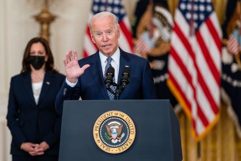 President Joe Biden delivers remarks on the Senate approving H.R. 3684 Infrastructure Investment and Jobs Act, in the East Room of the White House on Tuesday in Washington, D.C. (KENY NISHIMURA/Los Angeles Times/TNS)