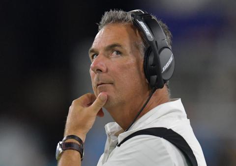 Jacksonville Jaguars head coach Urban Meyer looks at the scoreboard during a preseason game against the Cleveland Brown at TIAA Bank Field on Aug. 14 in Jacksonville. (TRIBUNE NEWS SERVICE)