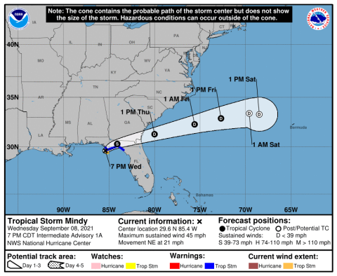 The projected path for Tropical Storm Mindy. (NOAA)