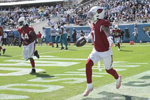 Arizona Cardinals cornerback Byron Murphy (7) celebrates his pick-6 against the Jacksonville Jaguars on Sept. 26 in Jacksonville. (PHELAN M. EBENHACK/Associated Press)