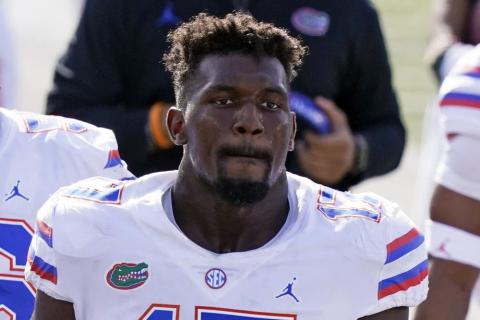 Florida defensive lineman Zachary Carter (17) walks on the sideline against Vanderbilt on Nov. 20, 2020, in Nashville, Tenn. (AP FILE)