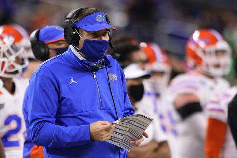 Florida head coach Dan Mullen looks on against the Oklahoma Sooners during Cotton Bowl at AT&T Stadium on Dec. 30, 2020, in Arlington, Texas. (RONALD MARTINEZ/Getty Images/TNS)