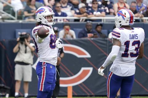 Buffalo Bills' Jacob Hollister celebrates his touchdown catch with Gabriel Davis during a preseason game against the Chicago Bears on Aug. 21 in Chicago. (NAM Y. HUH/Associated Press)