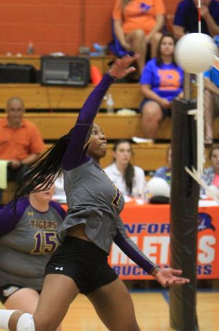 Columbia hitter Brandi Oliver sends a shot over the net against Branford on Wednesday night. (PAUL BUCHANAN/Special to the Reporter)