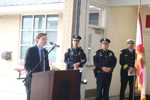 Staz Guntek, a legislative aide for Rep. Chuck Brannan, talks about his eyewitness account of the 9/11 attacks on Thursday. (TONY BRITT/Lake City Reporter)