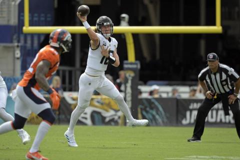 Jacksonville Jaguars quarterback Trevor Lawrence throws a pass against the Denver Broncos on Sept. 19 in Jacksonville. (PHELAN M. EBENHACK/Associated Press)