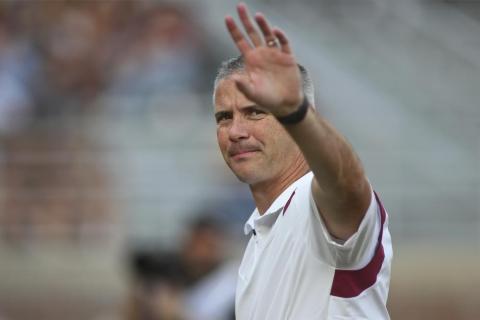 Florida State head coach Mike Norvell waves to fans before the start of the Seminoles' game against Jacksonville State on Sept. 11 in Tallahassee. (PHIL SEARS/Associated Press)