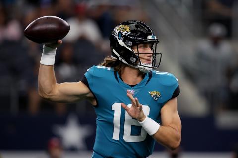 Jacksonville Jaguars quarterback Trevor Lawrence (16) looks for an open receiver against the Dallas Cowboys during a preseason game at AT&T Stadium on Aug. 29 in Arlington, Texas. (TOM PENNINGTON/Getty Images/TNS)