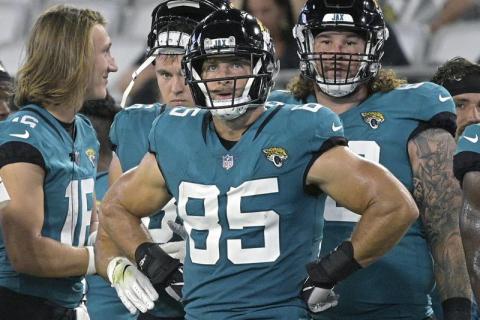 Former Jacksonville Jaguars tight end Tim Tebow (85) watches on the sideline during a preseason game against the Cleveland Browns on Aug. 14 in Jacksonville. (AP FILE)