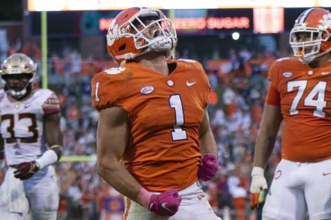 Clemson running back Will Shipley yells after scoring a touchdown against Florida State on Saturday in Clemson, S.C. (HAKIM WRIGHT SR./Associated Press)