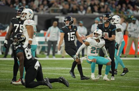 Jacksonville Jaguars kicker Matthew Wright (15) looks up as he kicks a game-winning field goal to beat the Miami Dolphins at the Tottenham Hotspur stadium on Oct. 17 in London, England. (MATT DUNHAN/Associated Press)