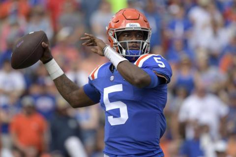 Florida quarterback Emory Jones (5) throws a pass against Vanderbilt on Oct. 9 in Gainesville. (PHELAN M. EBENHACK/Associated Press)