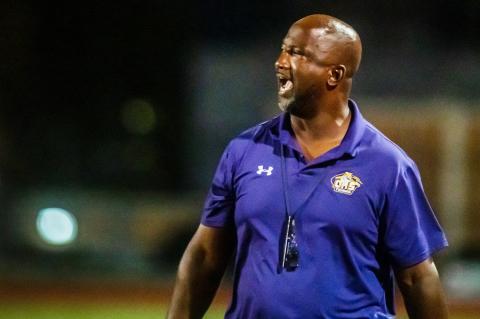 Columbia head coach Demetric Jackson yells out to his players during last Friday’s game against Orange Park. (FRAN RUCHALSKI/Special to the Reporter)