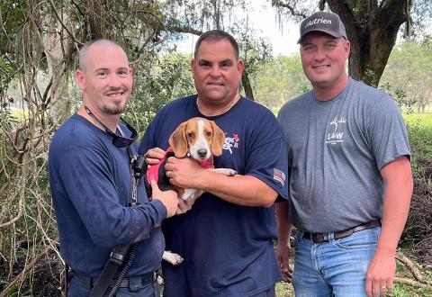 Suwannee County Fire Rescue’s Lt. Jacob Doyle (from left), Tad Cervantes and Adam McCook with Emmy after rescuing the six-month-old beagle puppy from a sinkhole Saturday. (COURTESY)