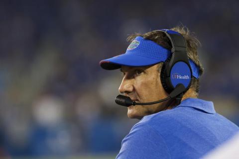Florida head coach Dan Mullen looks up at the videoboard during a game against Kentucky on Oct. 2 in Lexington, Ky. (MICHAEL CLUBB/Associated Press)