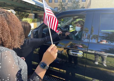 A military veteran receives gifts during a drive-through event at the Lake City VA Medical Center on Monday morning. (COURTESY)