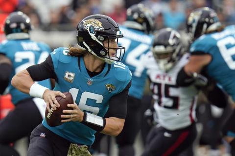 Jacksonville Jaguars quarterback Trevor Lawrence looks for a receiver against the Atlanta Falcons during Sunday’s game in Jacksonville. (CHRIS O’MEARA/Associated Press)