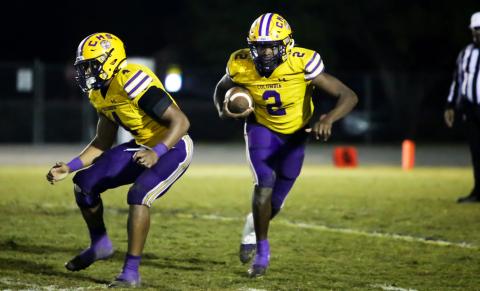 Columbia receiver Marcus Peterson rushes up the field against Riverside during Friday’s Region 1-6A quarterfinal. (BRENT KUYKENDALL/Lake City Reporter)